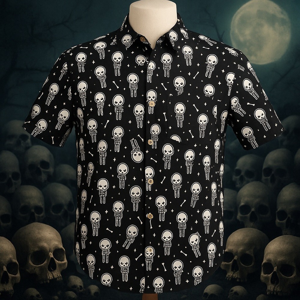 Em & Sprout Skeleton Button Down Shirt‎ Halloween Goth Kawaii Graphic Medium